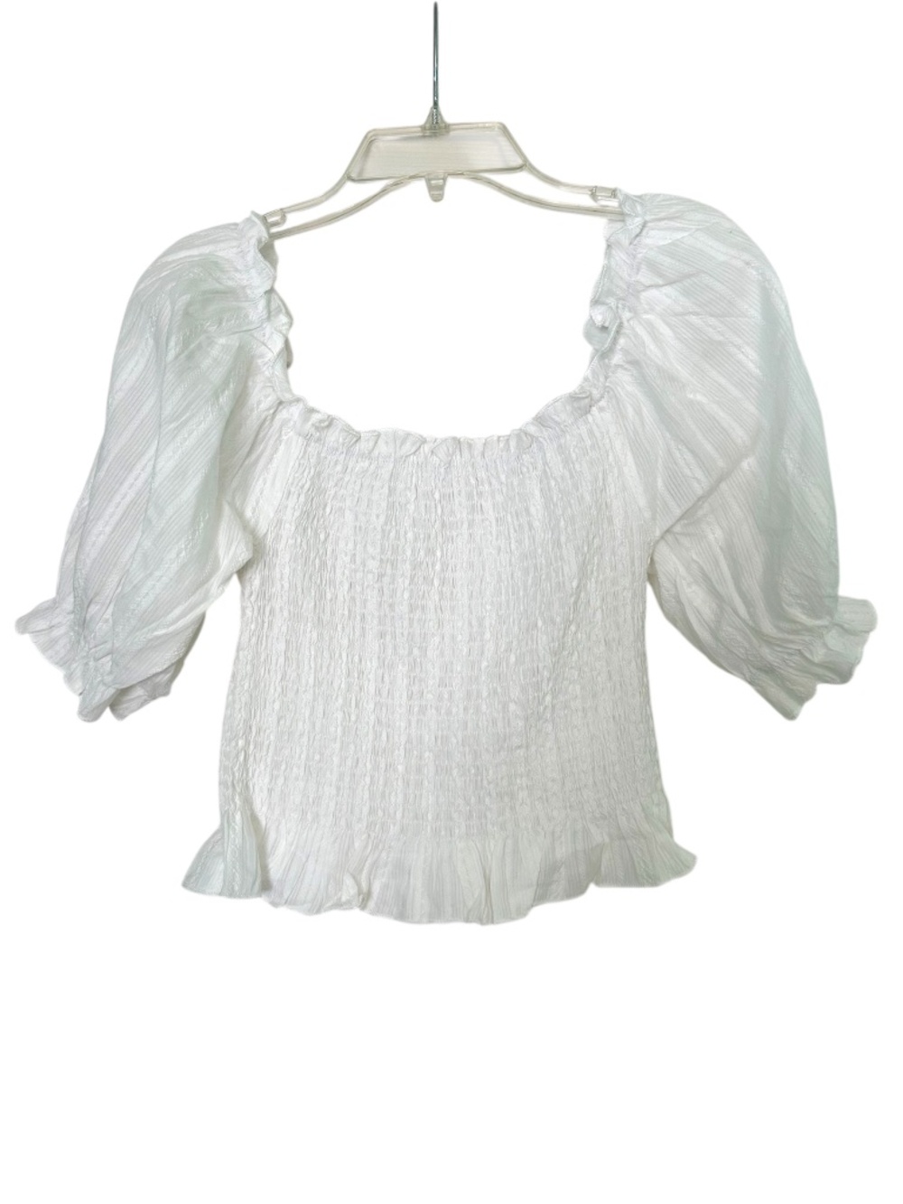 White Shirred Top with Short Sleeves Gathered Sleeves On or Off Shoulder Size XS